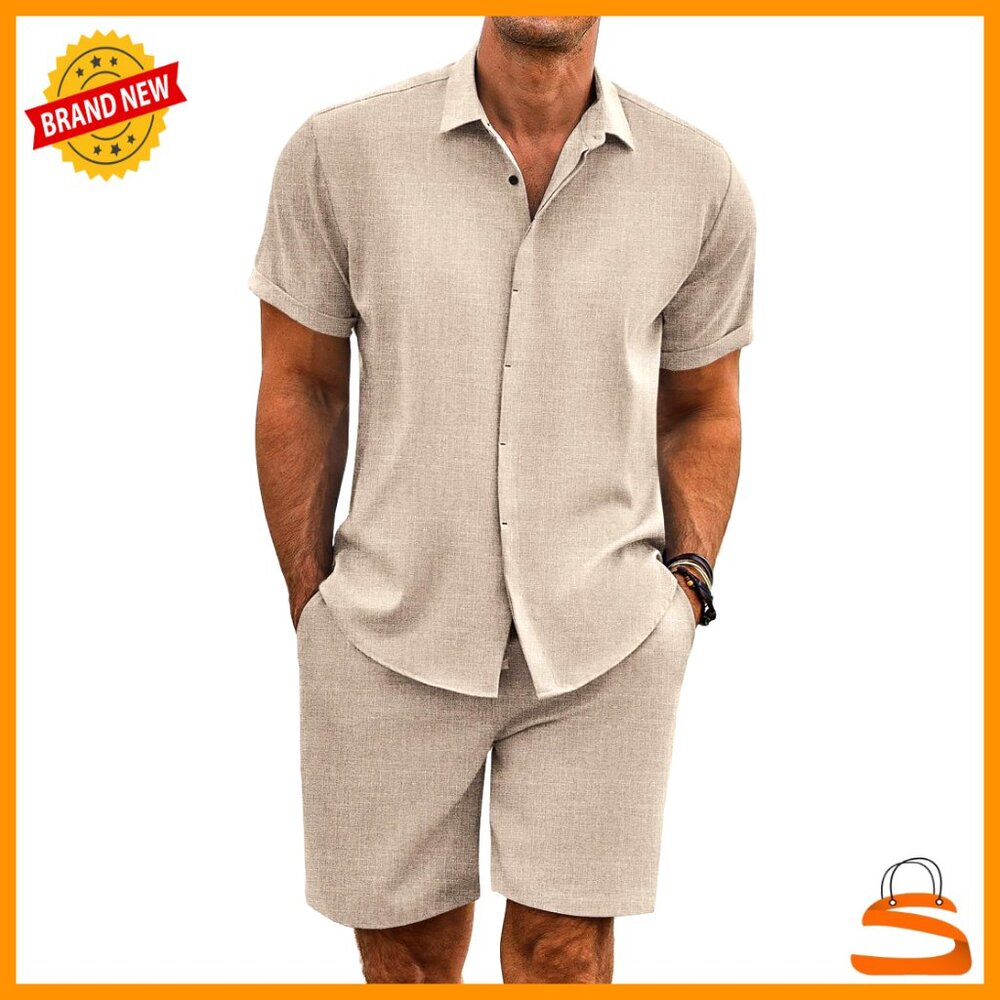 Men's Linen Texture Short Sleeve Shirt and Shorts Set Casual Beach Vacation Wear